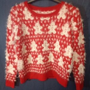 Grace‎ Fuzzy Gingerbread Sweater Red and White Women's Size Small